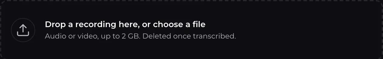 The Transcribe form's drop zone: drop a recording here, or choose a file.