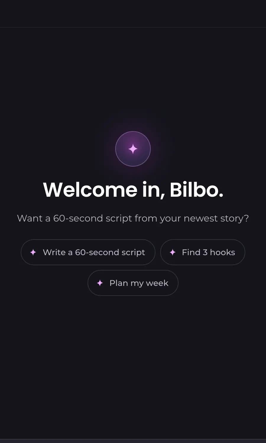 The Story Agent panel: Welcome in, Bilbo, with three things to ask for.