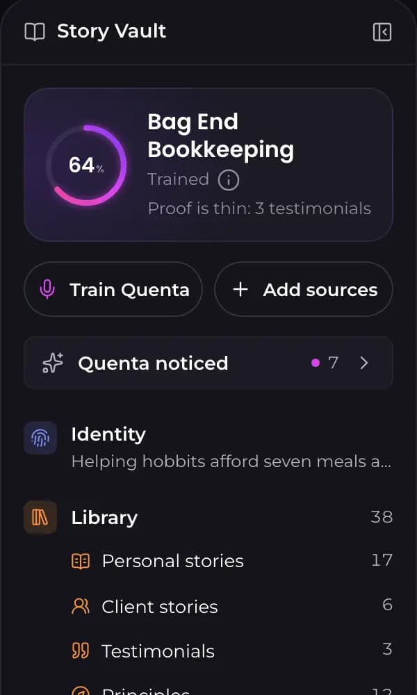 The Story Vault panel: how trained Quenta is, Train Quenta and Add sources, Quenta noticed, Identity and the Library.