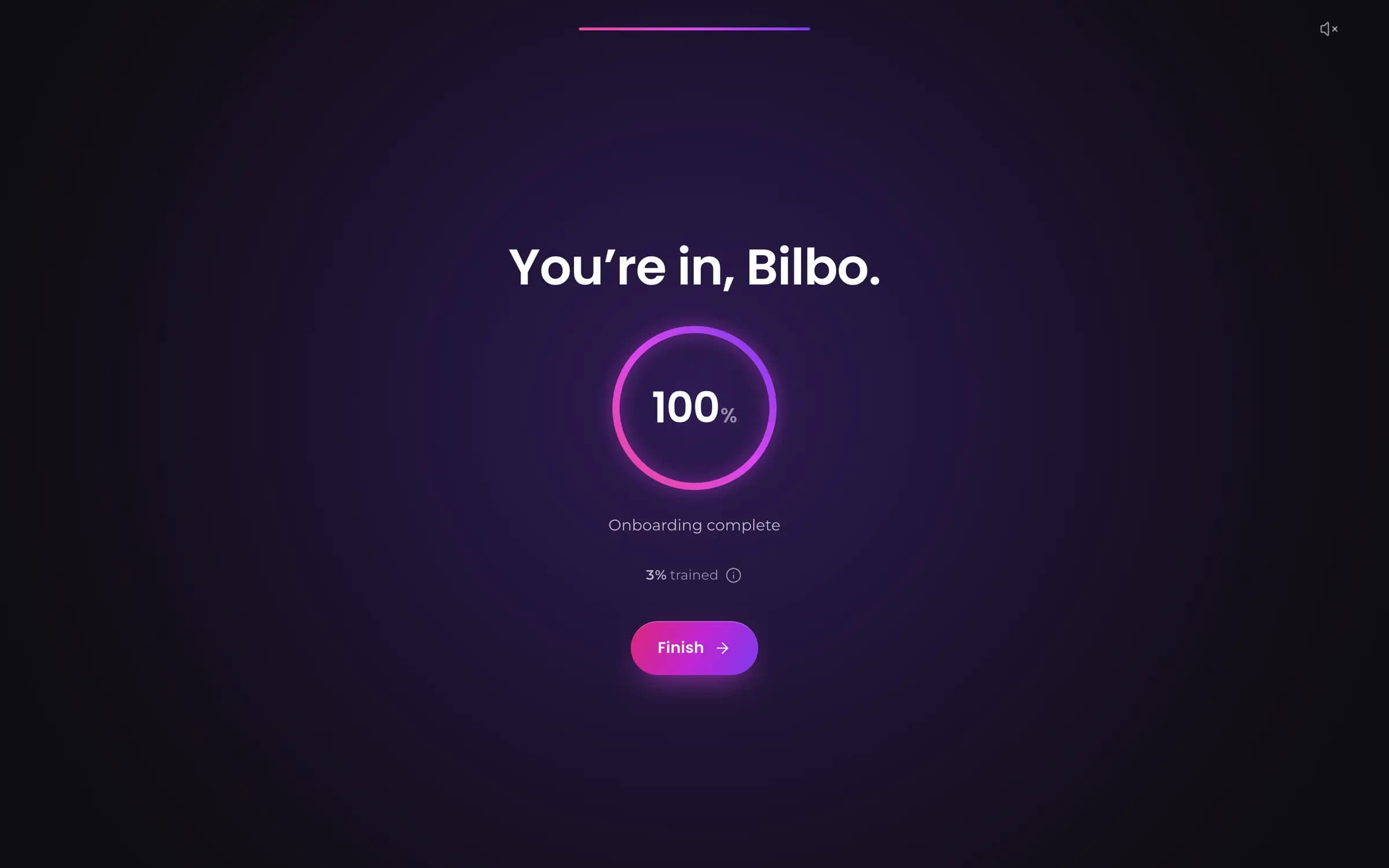 Setup's last step: Onboarding complete, the ring full, and how trained Quenta is as its own honest line.